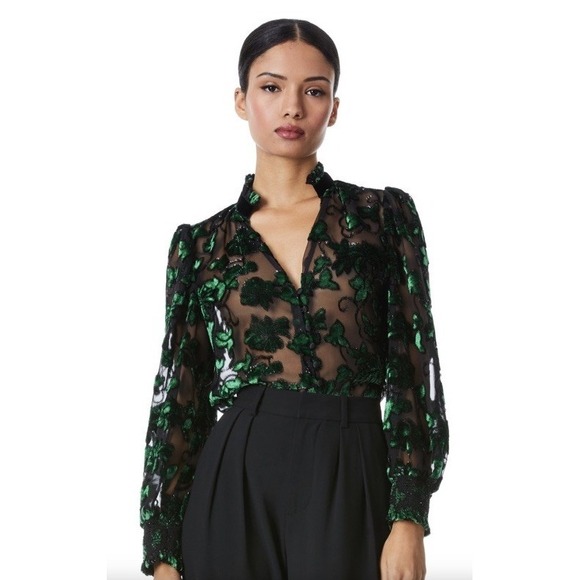 Alice + Olivia Tops - Alice + Olivia Zina Burnout Velvet Sheer Blouse In Black/Emerald Women's Large